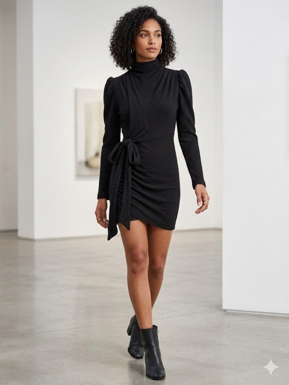 Sabina Musayev Black Turtleneck Wrap Mini Dress with Puff Shoulders and Side Tie